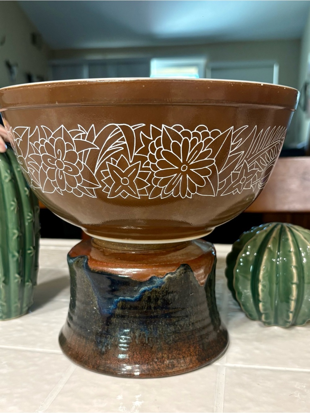 Pyrex Brown Floral Pedestal Bowl with White Outline